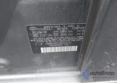 2009 Hyundai Elantra Gls from USA, damaged, VIN KMHDU46D29U649131
